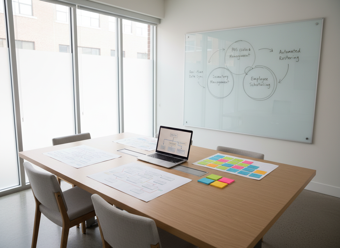 A modern, rectangular conference table in a small consulting studio, surface made of matte light oak, carefully arranged with printed process maps, a slim laptop showing a simple flowchart of integrated restaurant systems, and a set of color-coded sticky notes forming a clear workflow. Along the far wall, a large, frameless glass board displays an elegant diagram of connected POS, inventory, and scheduling systems, sketched in clean lines. Soft, even daylight pours through tall windows with frosted glass, eliminating harsh shadows and giving the room a neutral, professional tone. Photographic realism shot from a wide, slightly elevated perspective, conveying strategic clarity, structured thinking, and approachable business consulting tailored to small businesses rather than corporate boardrooms.