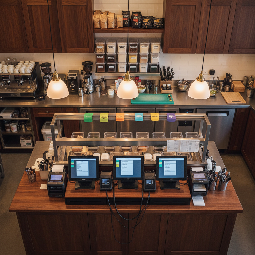 An overhead view of a cozy, bustling-style cafe interior without visible patrons, where the focus is on the operational systems: a centrally placed point-of-sale island with multiple connected devices, color-coded order tickets lining a rail, and well-labeled storage containers in the background kitchen pass. Warm pendant lighting casts a gentle, golden glow over stainless steel surfaces and dark wood cabinetry, emphasizing efficiency and order. The composition uses sharp focus throughout to highlight every operational detail, from neatly stacked inventory to clearly separated prep zones. Photographic realism with a clean, modern aesthetic, conveying how thoughtful consulting and system integration can transform a small restaurant into a well-orchestrated, profitable operation.