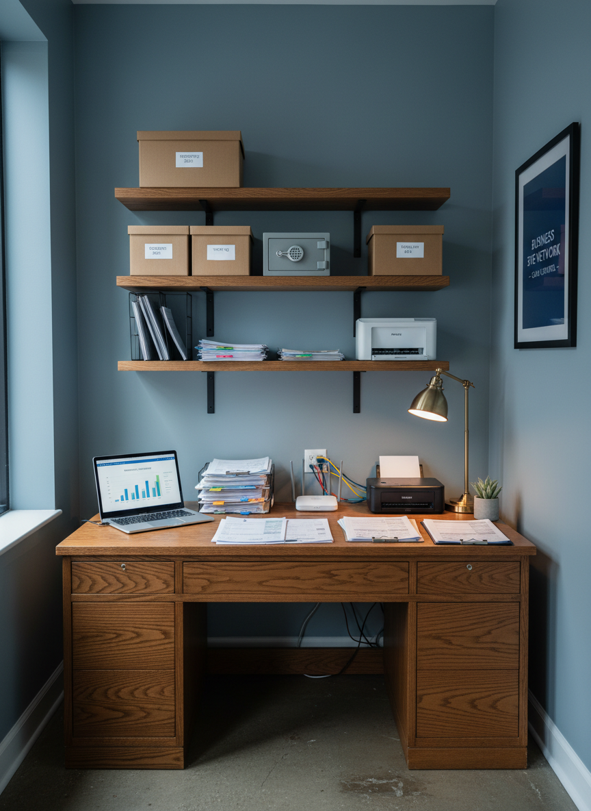 A compact back-office space of a neighborhood retail shop, featuring a sturdy oak desk covered with neatly organized financial documents, an open laptop displaying simplified analytic graphs, and a compact router with colorful network cables leading to labeled devices. On wall-mounted shelves sit labeled storage boxes and a small safe, hinting at streamlined back-end operations. Cool, diffused light from a high window blends with the soft glow of a desk lamp, creating balanced, low-contrast lighting that feels calm and focused. Captured from a slightly elevated angle with a centered composition, in photographic realism, this image projects a professional, trustworthy mood that reflects how Business Eye Network helps owners gain control over costs and systems behind the scenes.
