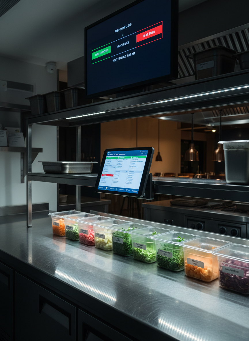 A night-time view of a compact restaurant kitchen as seen from the pass, completely empty of staff, where the central focus is on an illuminated tablet mounted near the ticket rail, showing organized digital orders and prep times. Stainless steel counters are spotless, ingredients are stored in clearly labeled containers, and an integrated screen above the pass displays a simple, color-coded production schedule. Cool LED task lighting over the prep stations contrasts with a warmer ambient glow from the dining area beyond, creating depth and visual interest. Photographic realism with a slightly low angle, emphasizing how smart system design and consulting create calm, control, and readiness for the next service instead of chaos.